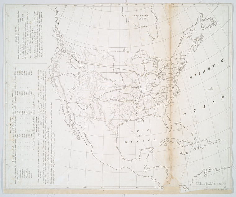 Map of the United States, showing the proposed railroad routes from coast to coast, with table of distances, etc.