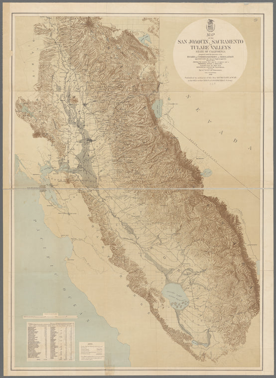 Map of the San Joaquin, Sacramento and Tulare Valleys, state of California : showing the country that may be irrigated and a provisional system of irrigation