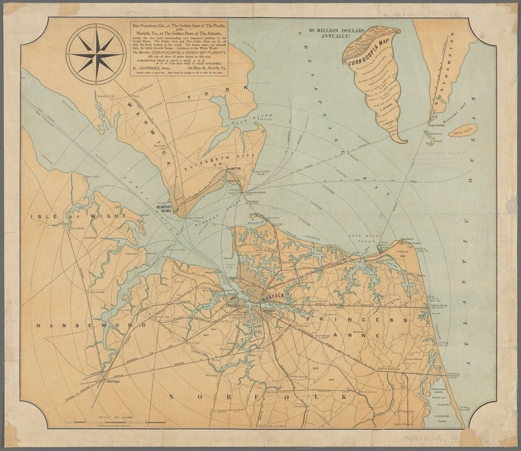 The Cornucopia map : showing 20 miles around Norfolk, Portsmouth, Newport News, Fortress Monroe and Hampton Roads
