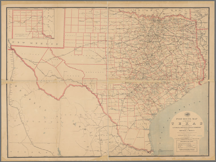 Post route map of the state of Texas, with adjacent parts of Louisiana, Arkansas, Indian Territory and of the Republic of Mexico