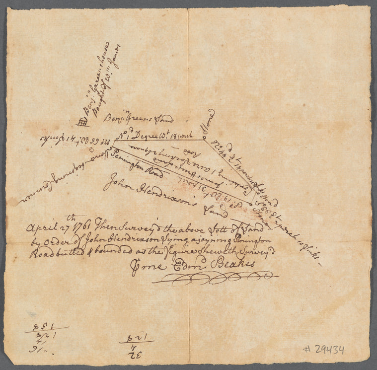 James Freese's mapp of his lott bot. of John Hendixson, 1761 (on Pennington Road, in Mercer County, New Jersey)