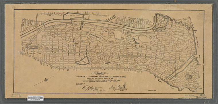 Map showing the location of the speedway concourse and the street system: westerly of the New York and Harlem Rail Road from the Cedar Parks to the Van Cortlandt Park