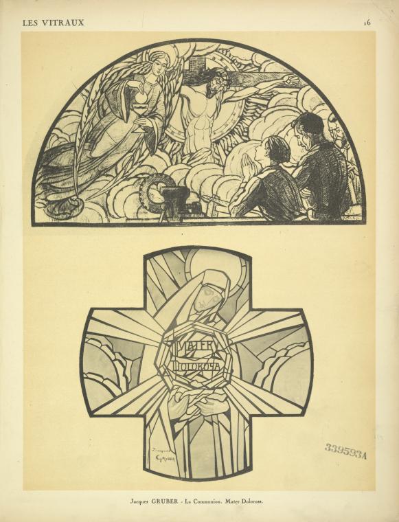1, La Communion, étude pour un vitrail destiné à l'église Saint-Christophe de Javel, Paris ; 2, Mater dolorosa, à l'Oratoire du Pavillon des Arts appliqués aux métier (A. D.)