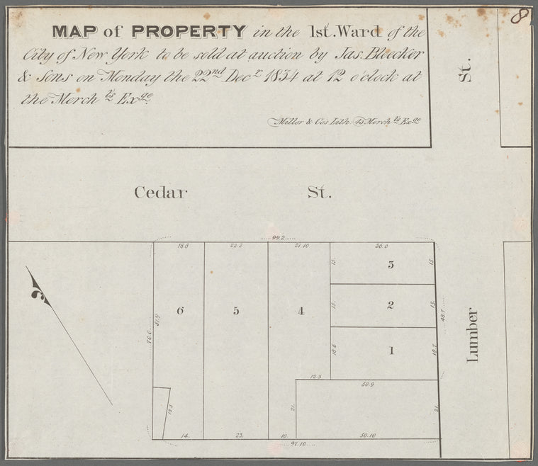 Map of property in the 1st ward of the city of New York to be sold at auction by Jas. Bleecker & Sons on Monday, the 22nd Decr. 1834 at 12 o'clock at the Mercht's Exge.