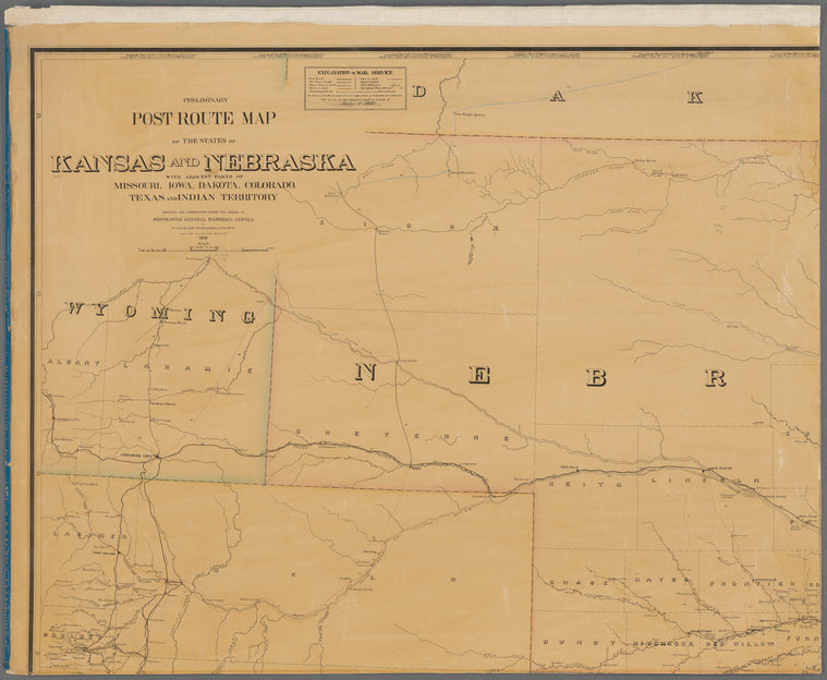 Preliminary post route map of the states of Kansas and Nebraska : with adjacent parts of Missouri, Iowa, Dakota, Colorado, Texas and Indian Territory