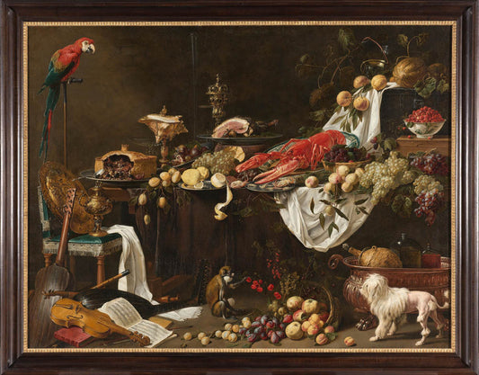 Pastry still life with parrot, dog and a monkey 0515-0013