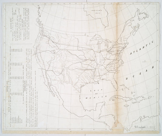 Map of the United States, showing the proposed railroad routes from coast to coast, with table of distances, etc.