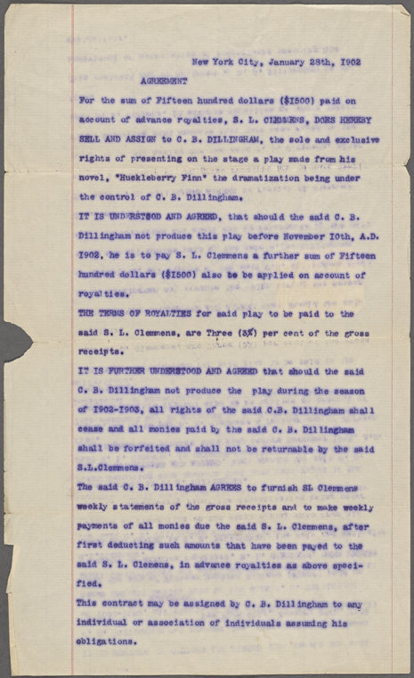 Agreements, correspondence, forms, statements from various theatrical agencies concerning Samuel Langhorne Clemens from the files of the American Play Company.: Huckleberry Finn