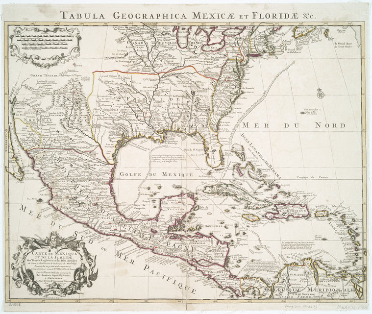 Carte du Mexique et de la Floride : des terres angloises et des Isles Antilles, du cours et des environs de la riviere de Mississipi