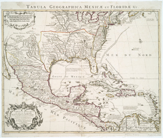 Carte du Mexique et de la Floride : des terres angloises et des Isles Antilles, du cours et des environs de la riviere de Mississipi
