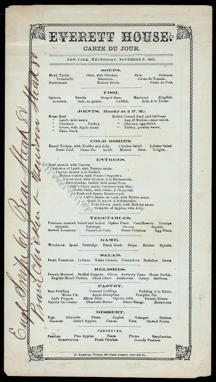 CARTE DU JOUR [held by] EVERETT HOUSE [at] "NEW YORK, NY" (RESTAURANT)
