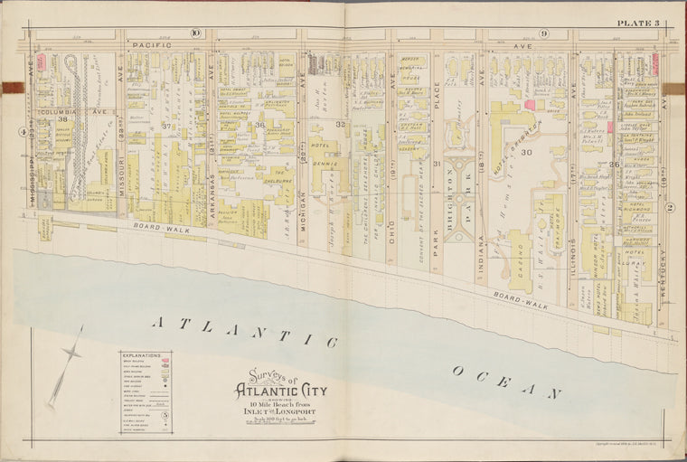 Atlantic City, Double Page Plate No. 3 [Map bounded by Pacific Ave., Kentucky Ave., Atlantic Ocean, Mississippi Ave.]