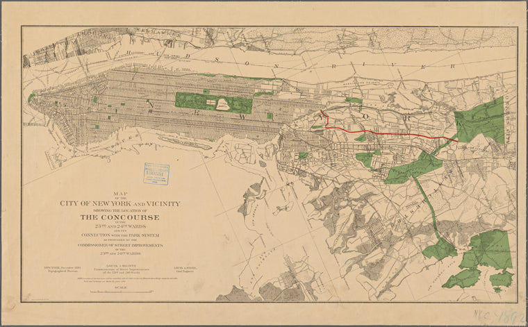 Map of the City of New York and vicinity showing the location of the Concourse : in the 23rd and 24th wards and its connection with the park system as proposed by the Commissioner of Street Improvements of the 23rd and 24th wards