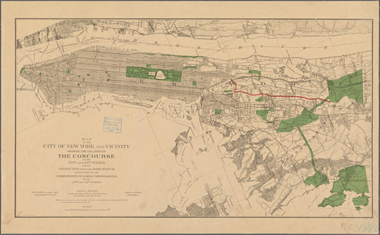 Map of the City of New York and vicinity showing the location of the Concourse : in the 23rd and 24th wards and its connection with the park system as proposed by the Commissioner of Street Improvements of the 23rd and 24th wards