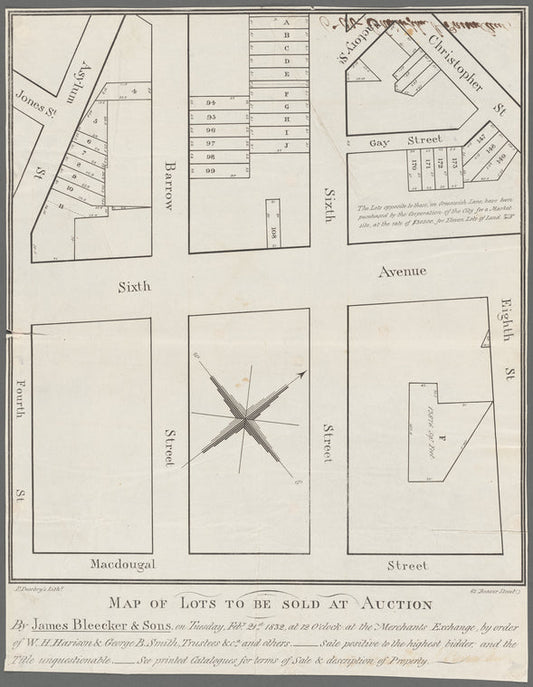 Map of lots to be sold at auction by James Bleecker & Sons, on Tuesday, Feby. 21st, 1832, at 12 o'clock at the Merchants Exchange, by order of W.H. Harison & George B. Smith, trustees &ca. and others
