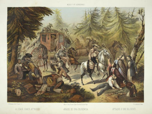 Ataque de una diligencia = Attaque d'une diligence = A stage coach attacked.