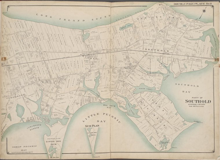 Suffolk County, V. 2, Double Page Plate No. 11 [Map bounded by Long Island Sound, South Hold Bay, Little Peconic Bay, Cutchogue]