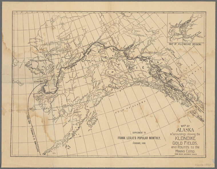 Map of Alaska & surroundings, showing the Klondike gold fields and routes to the mining camp