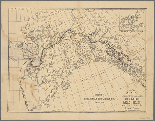 Map of Alaska & surroundings, showing the Klondike gold fields and routes to the mining camp