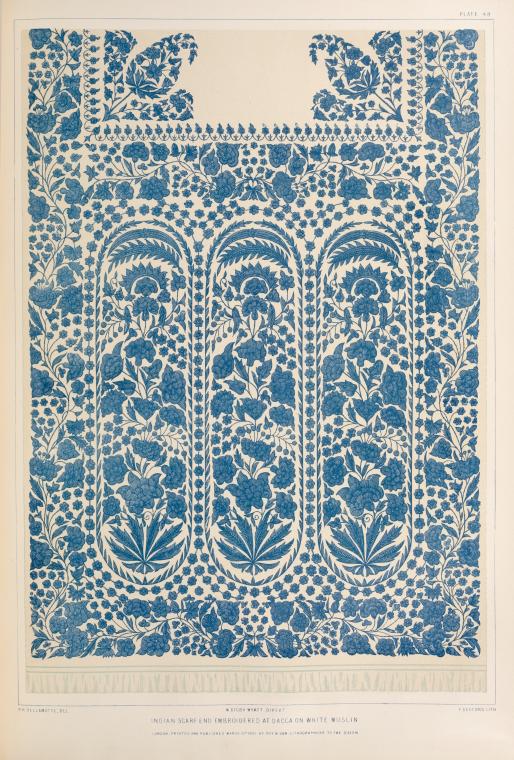 Indian scarf end embroidered at Dacca on white muslin.