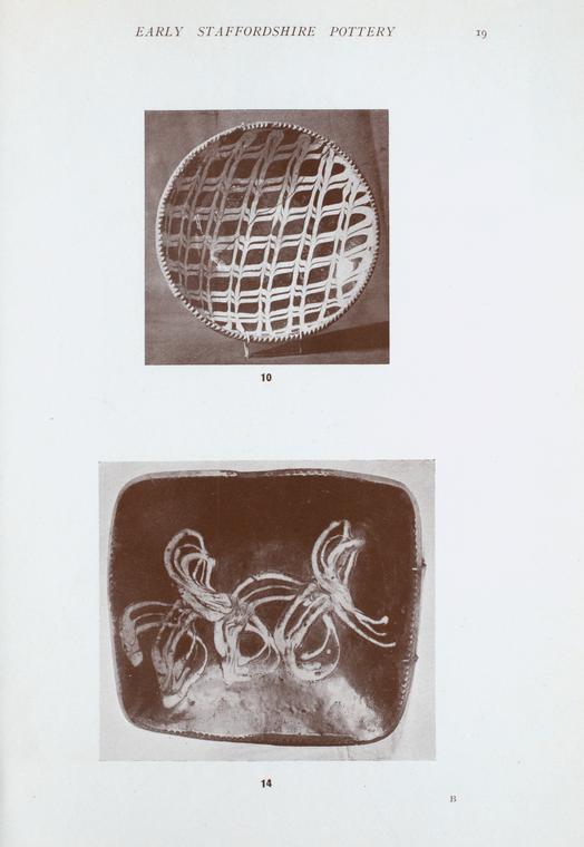 10. Combed ware circular dish, lattice work pattern , circa 1800. (A perfect dish replaces the one illustated.) Diam. 13"; 14. Slip ware baking dish. Diam. 16" x 14".