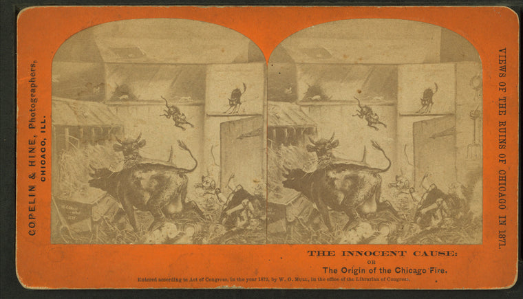 [View of a drawing] "The Innocent Cause: or the Origin of Chicago Fire" [showing Mrs. O'Leary and her cows].