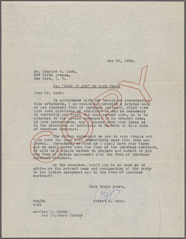 Agreements, correspondence, forms, statements from various theatrical agencies concerning Samuel Langhorne Clemens from the files of the American Play Company.: Joan of Arc