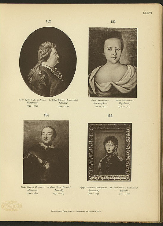 Kniaz' Grigorii Aleksandrovich Potemkin, 1793-1791; Elena Aleksandrovna Engel'gardt, 172.-17..; Graf Ksaverii Petrovich Branitskii, 1731-1817; Graf Vladislav Ksaverievich Branitskii, 1782-1843.