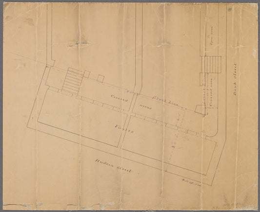 Manuscript map of corner of Hudson Street and Bank Street in Manhattan, New York.