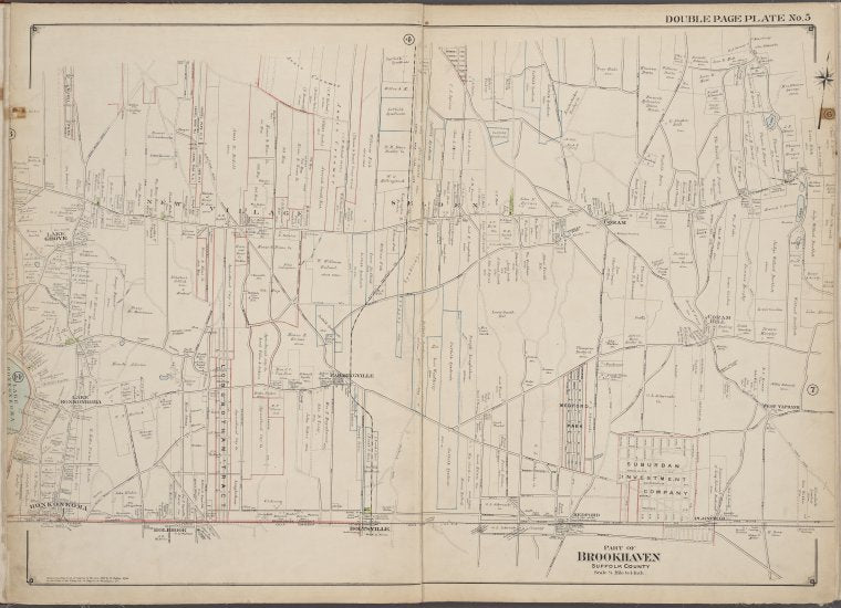 Suffolk County, V. 2, Double Page Plate No. 5 [Map bounded by Coram, Coram Hill, West Yaphank, Plain Field, Medford, Holts Ville, Holbrook, Ronkonkoma, Lake Ronkonkoma, Lake Grove]