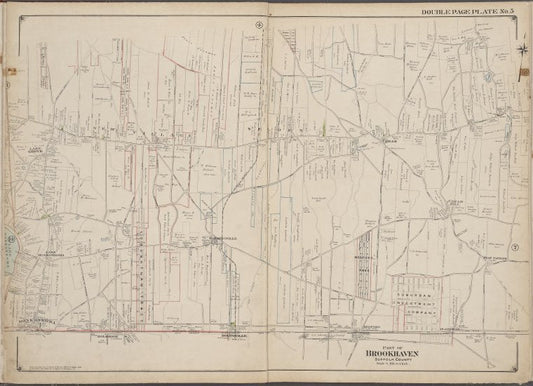 Suffolk County, V. 2, Double Page Plate No. 5 [Map bounded by Coram, Coram Hill, West Yaphank, Plain Field, Medford, Holts Ville, Holbrook, Ronkonkoma, Lake Ronkonkoma, Lake Grove]