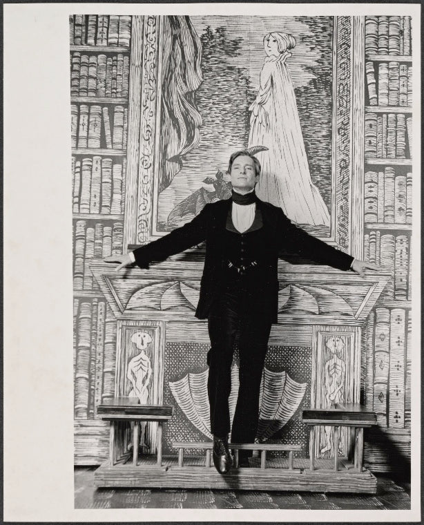 Jeremy Brett in the touring stage production of the 1977-80 revival of Dracula, sets by Edward Gorey