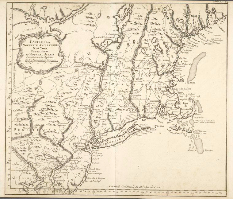 Carte de la Nouvelle Angleterre : New York, Pensilvanie et Nouveau Jersay suivant les cartes angloises.