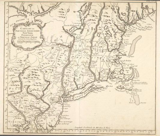Carte de la Nouvelle Angleterre : New York, Pensilvanie et Nouveau Jersay suivant les cartes angloises.