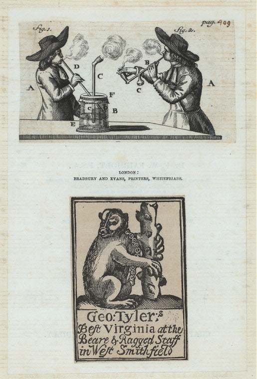 Men smoking, one using a crude water-pipe; Geo. Tyler's Best Virginia at the Beare & Ragged staff in West Smithfield