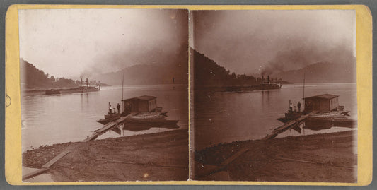 Ferry and barge on the river, and people at a dock next to house, Ohio