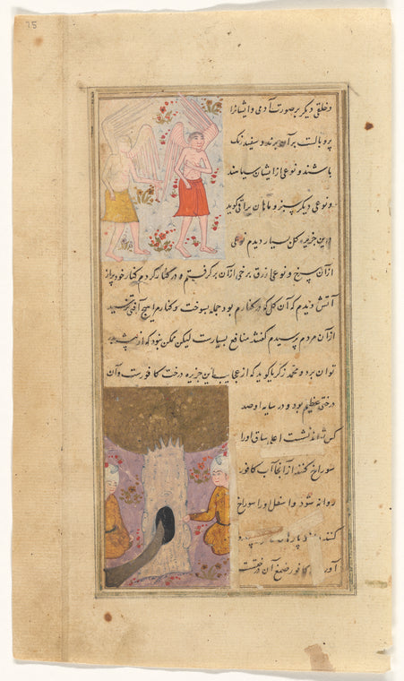 Two winged  human inhabitants of Zânij [top]; A tree from which a river of camphor flows on the island of Zânij [bottom]