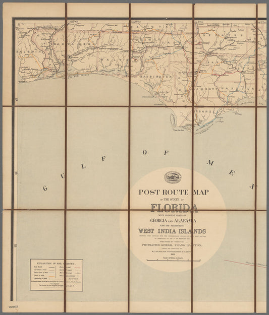 Post route map of the State of Florida with adjacent parts of Georgia and Alabama also the neighboring West India Islands showing post offices with the intermediate distances and mail routes in operation on the 1st of February 1885