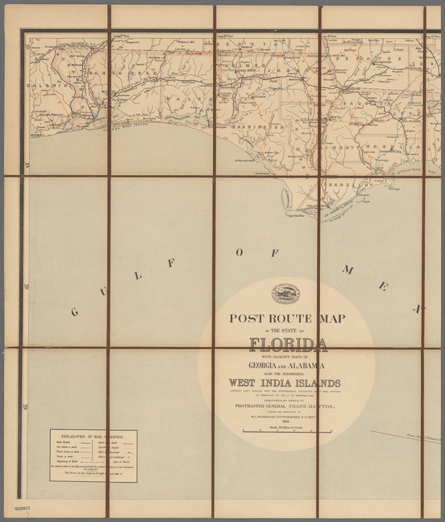 Post route map of the State of Florida with adjacent parts of Georgia and Alabama also the neighboring West India Islands showing post offices with the intermediate distances and mail routes in operation on the 1st of February 1885