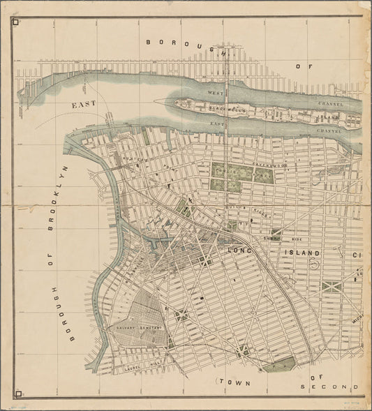 Map and plan showing the street system in the 1st ward of the borough of Queens, formerly Long Island City.
