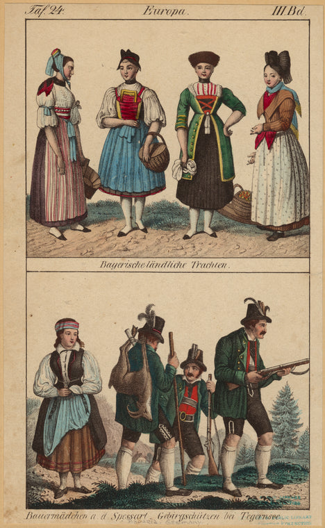 Bayerische ländliche Trachten ; Bauermädchen a. d. Spessart, Gebirgschützen bei Tegernsee