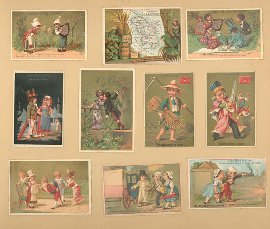 Trade cards depicting children, men, women, couples, courtship, coffee liqueur, a train, a carriage, travelers, a picnic, a sword, wheat harvesting, the island Martinique and it's resources.
