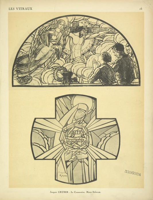 1, La Communion, étude pour un vitrail destiné à l'église Saint-Christophe de Javel, Paris ; 2, Mater dolorosa, à l'Oratoire du Pavillon des Arts appliqués aux métier (A. D.)