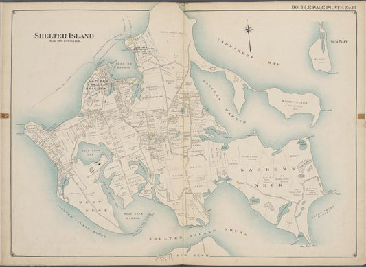 Suffolk County, V. 2, Double Page Plate No. 13 [Map bounded by Gardiners Bay, Sub Plan, Rocky Point Harbor, Shelter Island Sound]