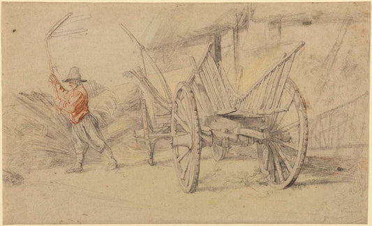 A Man Threshing Beside a Wagon, Farm Buildings Behind Gm-00009801