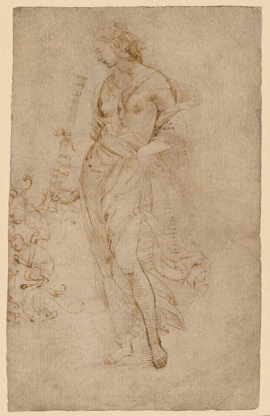 Female Figure with a Tibia, and Ornamental Studies (recto); Ornamental Studies (verso) Gm-00025401