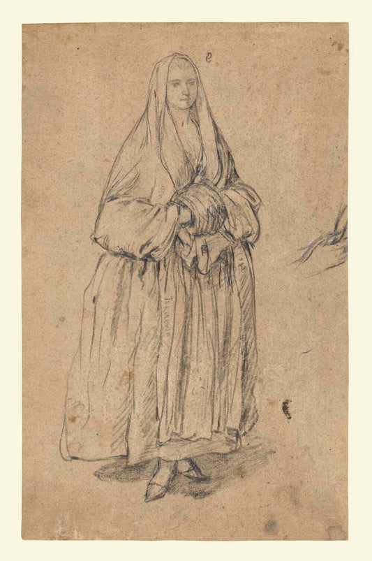 Standing Woman Holding a Muff, Turned Slightly to the Right (recto); Studies of Heads (verso) Gm-00030701