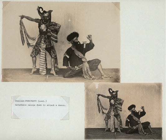 Pregiwa-Pregiwati (cont.): Gatutkaca swoops down to attack a demon
