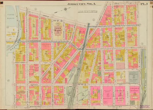 Hudson County, V. 1, Double Page Plate No. 1 [Map bounded by Erie St., 2nd St., Washington St., Sussex St., Grove St.]