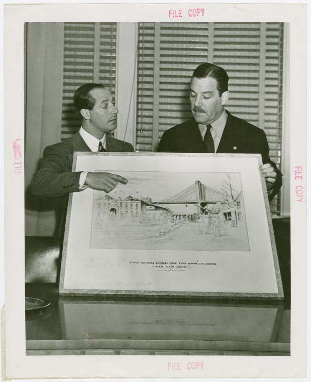Amusements - Villages - Old New York - Grover Whalen holding sketch